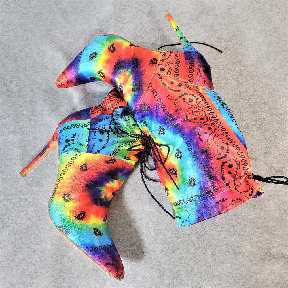 * Mata Bold Tie Dye Drawstring 4" Stiletto High Heel Mid Calf Boots - Picture 11 of 11